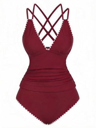 1940s Colorblock Deep V Crisscross Back Tankini Set - vintage fashion, retro style