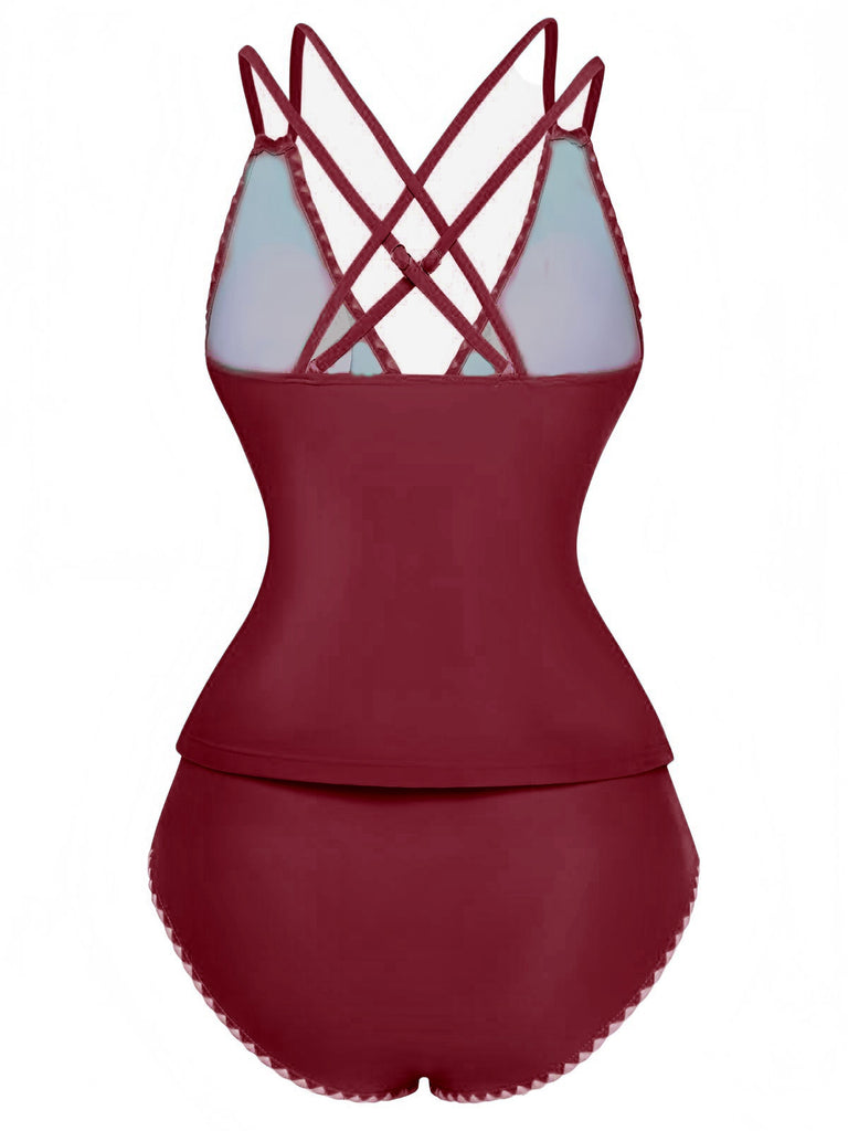 1940s Colorblock Deep V Crisscross Back Tankini Set - vintage fashion, retro style