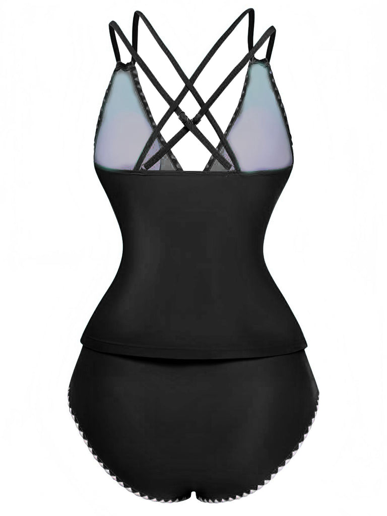 1940s Colorblock Deep V Crisscross Back Tankini Set - vintage fashion, retro style