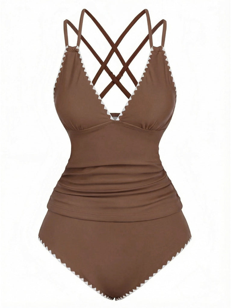 1940s Colorblock Deep V Crisscross Back Tankini Set - vintage fashion, retro style