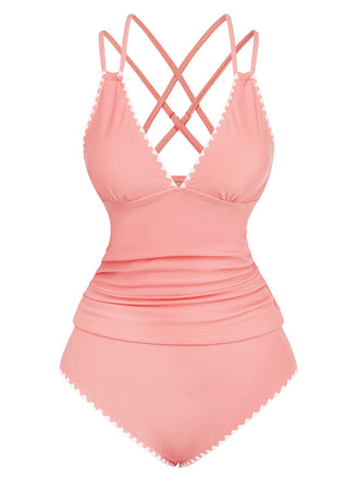 1940s Colorblock Deep V Crisscross Back Tankini Set — 1940s poolside glamour meets sun-drenched confidence