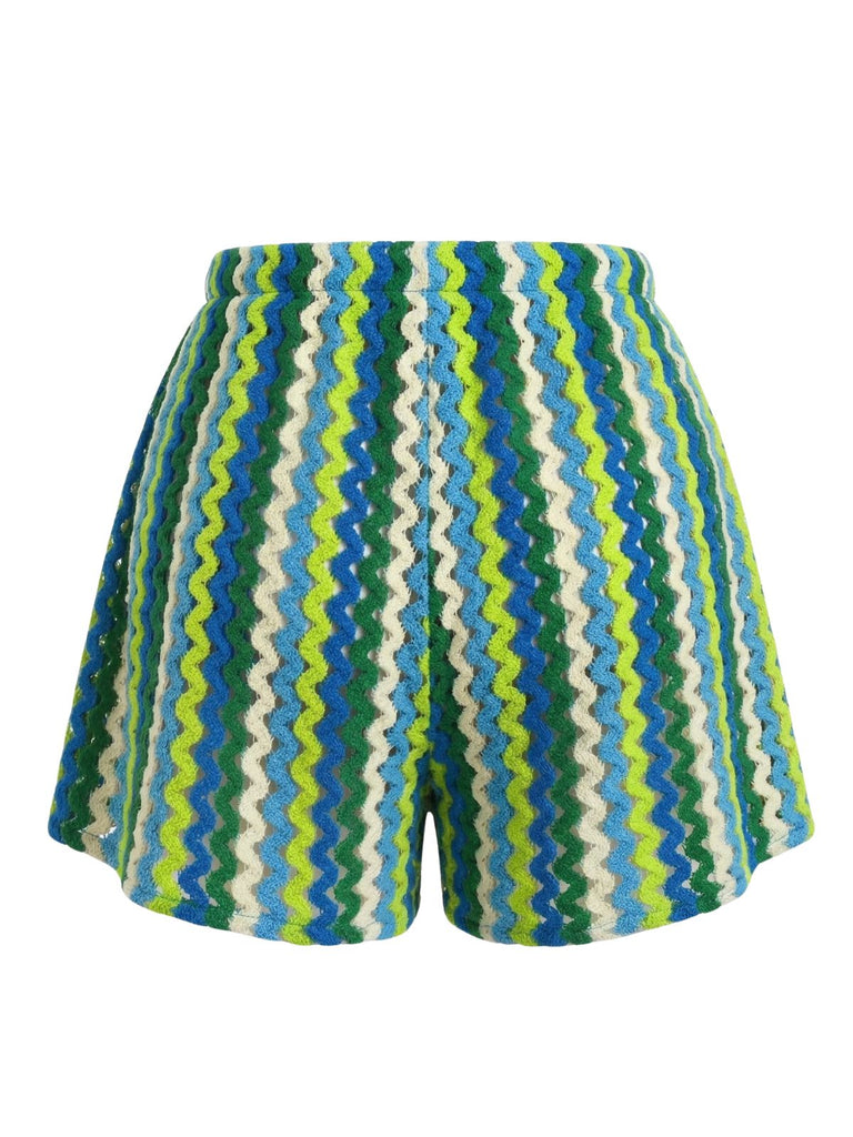 1940s Colorblock Striped V-Neck Belted Cover-Up Shorts, vintage pants, retro shorts, classic style, women, elegant