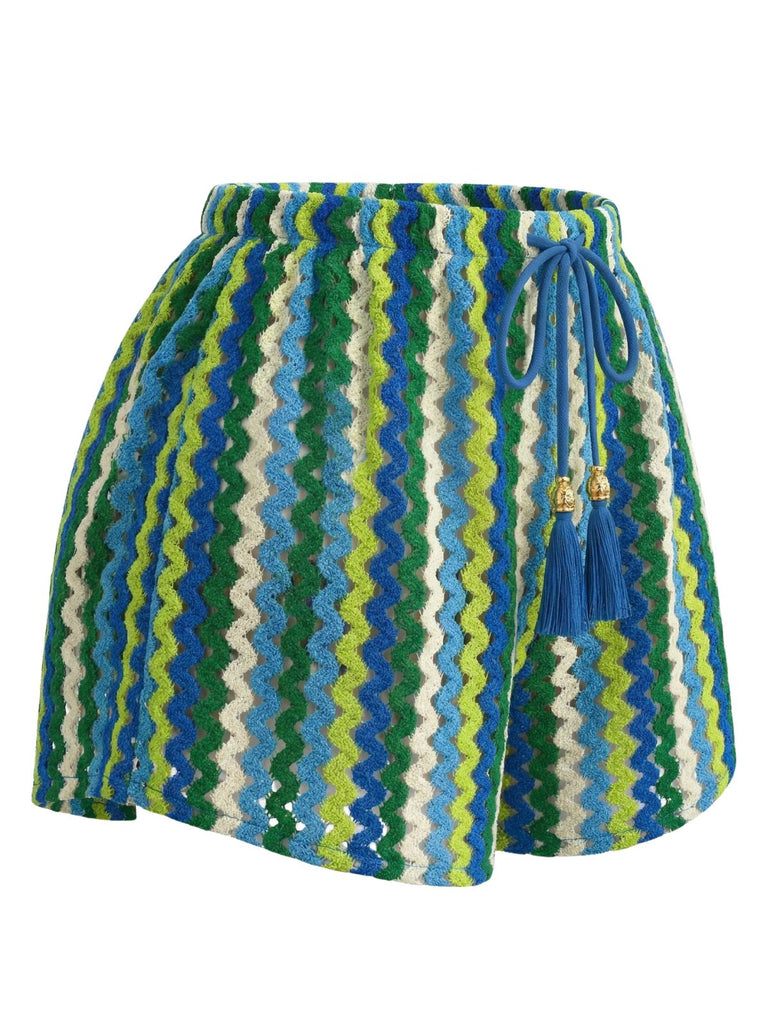 1940s Colorblock Striped V-Neck Belted Cover-Up Shorts, vintage pants, retro shorts, classic style, women, elegant