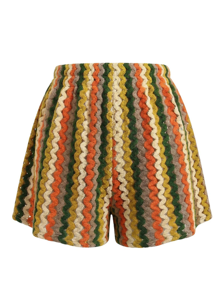 1940s Colorblock Striped V-Neck Belted Cover-Up Shorts, vintage pants, retro shorts, classic style, women, elegant