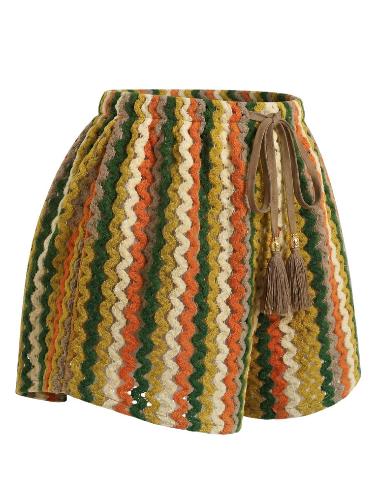 1940s Colorblock Striped V-Neck Belted Cover-Up Shorts, vintage pants, retro shorts, classic style, women, elegant
