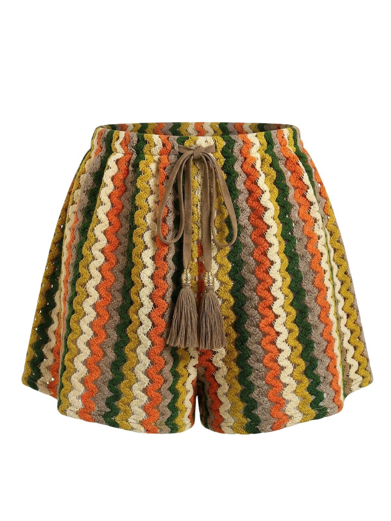 1940s Colorblock Striped V-Neck Belted Cover-Up Shorts, vintage pants, retro shorts, classic style, women, elegant