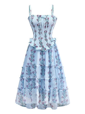 1940s Daisy Mesh Patchwork Smocked Dress - vintage dress, retro fashion