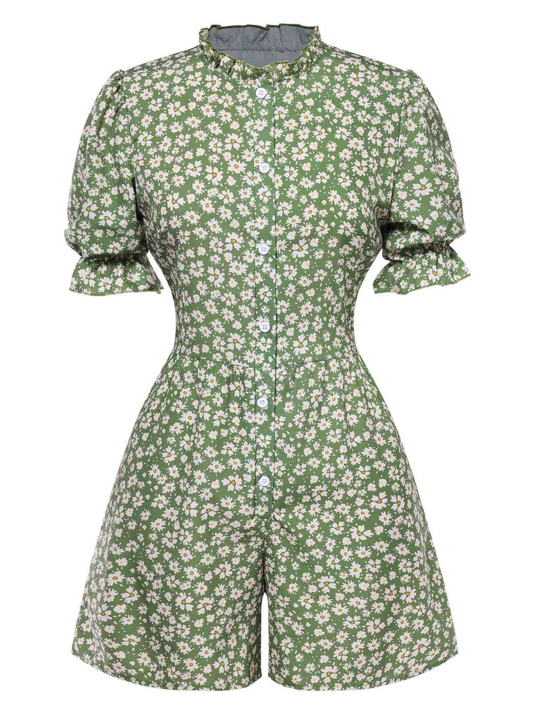 1940s Daisy Pleats Collar Puff Sleeves Romper, vintage romper, retro jumpsuit - perfect for women who love vintage and retro fashion