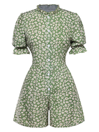 1940s Daisy Pleats Collar Puff Sleeves Romper, vintage romper, retro jumpsuit - perfect for women who love vintage and retro fashion