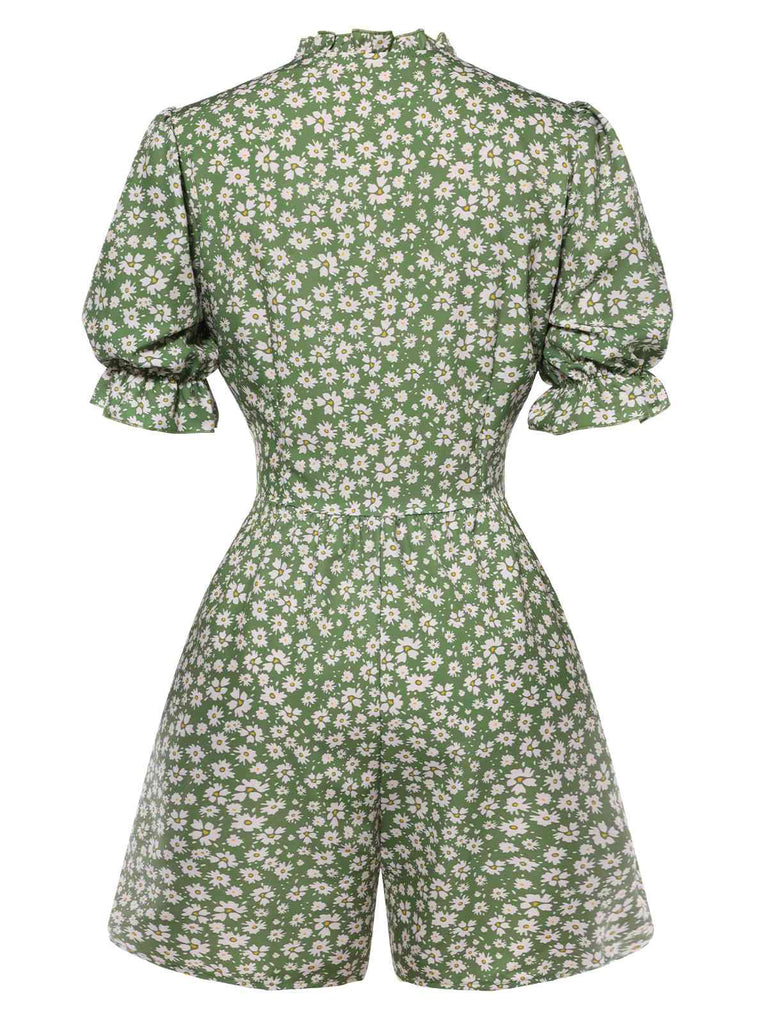 1940s Daisy Pleats Collar Puff Sleeves Romper, vintage romper, retro jumpsuit - perfect for women who love vintage and retro fashion