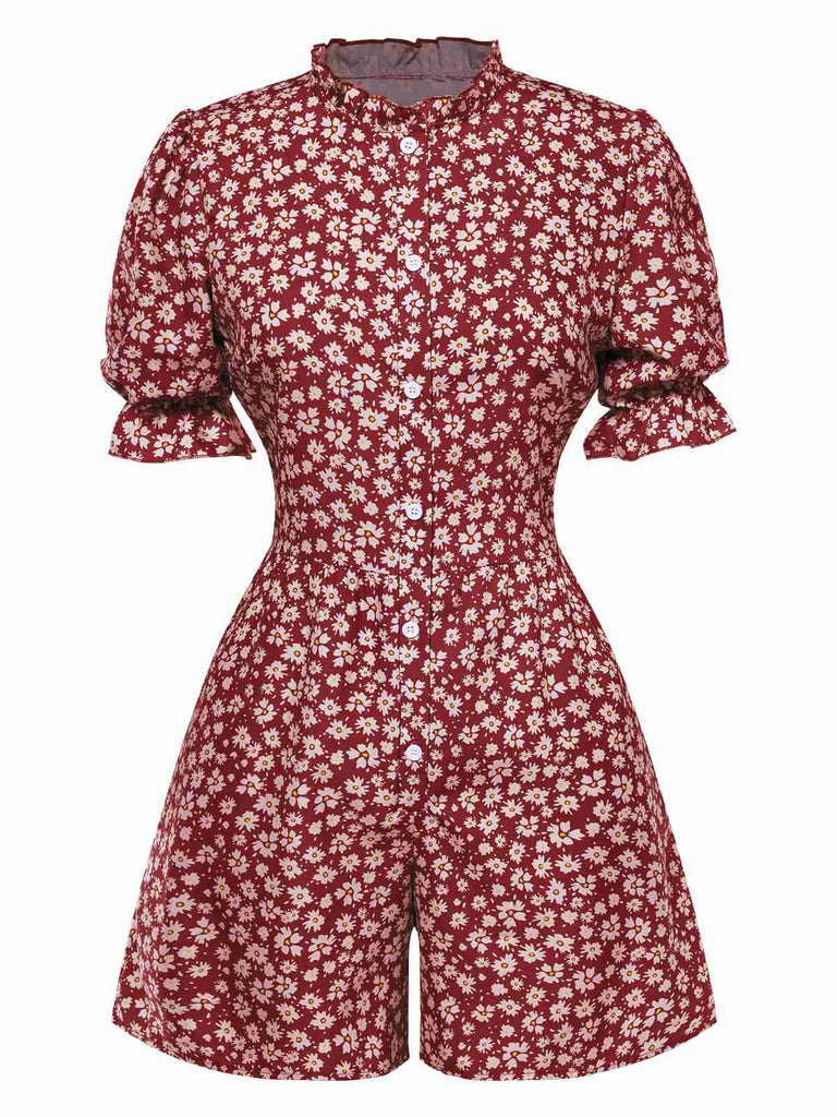 1940s Daisy Pleats Collar Puff Sleeves Romper, vintage romper, retro jumpsuit - perfect for women who love vintage and retro fashion