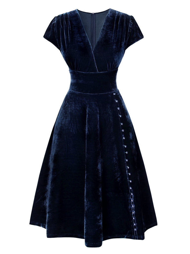 Blue 1940s Deep V-Neck Pearl Velvet Dress | Retro Stage Blue 1940s Deep V-Neck Pearl Velvet Dress | Retro Stage
