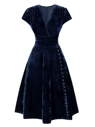 She slips into this 1940s Deep V-Neck Velvet Dress and suddenly it's a 1940s daydream