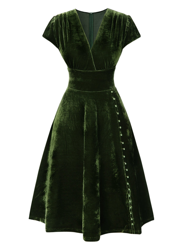 Green 1940s Deep V-Neck Pearl Velvet Dress | Retro Stage Green 1940s Deep V-Neck Pearl Velvet Dress | Retro Stage