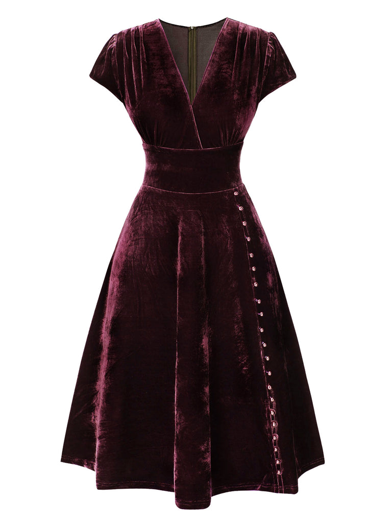Green 1940s Deep V-Neck Pearl Velvet Dress | Retro Stage Green 1940s Deep V-Neck Pearl Velvet Dress | Retro Stage