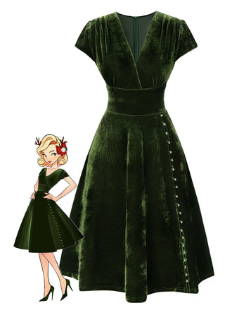 She slips into this 1940s Deep V-Neck Velvet Dress and suddenly it's a 1940s daydream