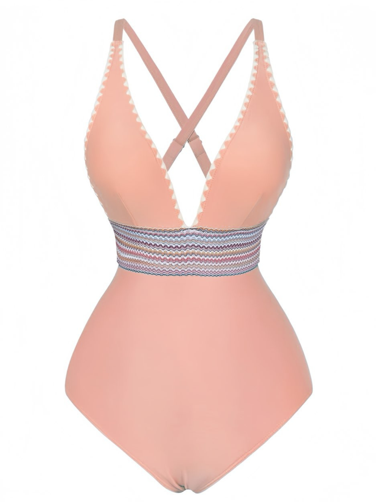 1940s Deep V-Neck Wavy Patchwork One-Piece Swimsuit - vintage swimsuit, pin-up style