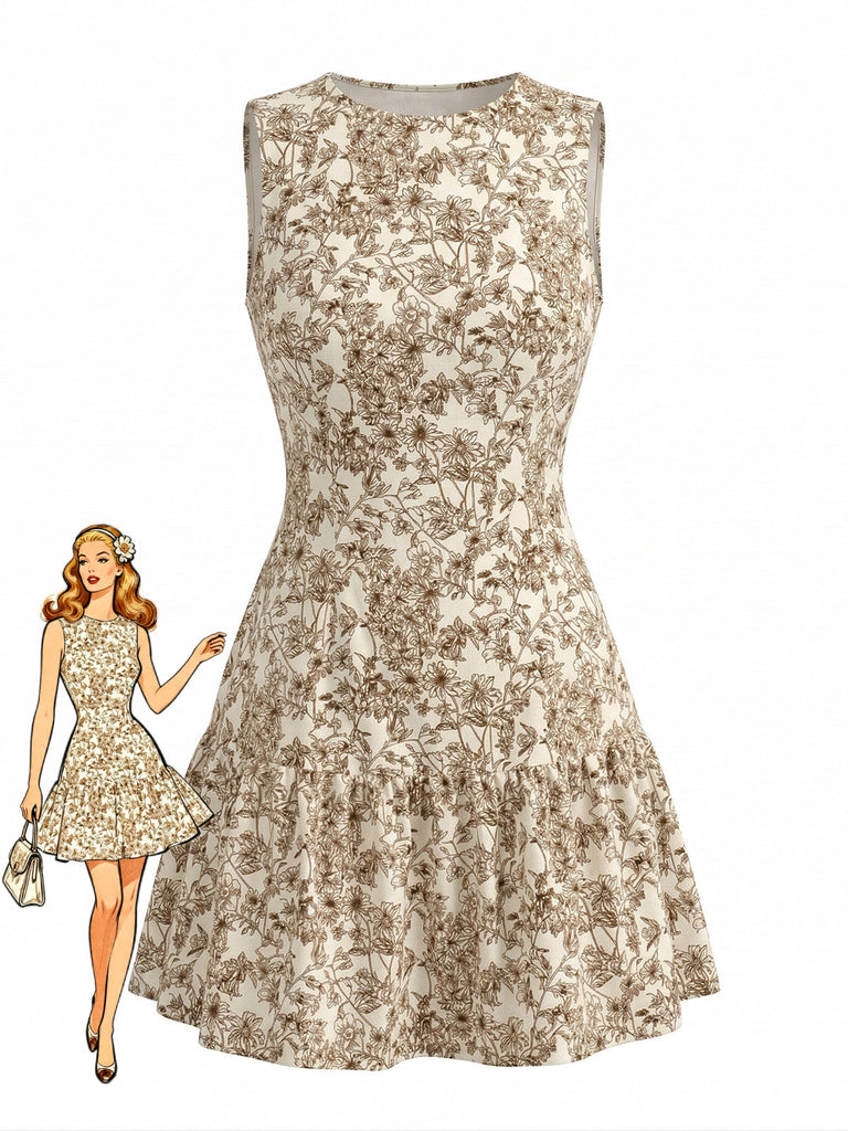 1950s Ditsy Floral Sleeveless Round Neck A-Line Dress, vintage dress, retro fashion, rockabilly, pin-up fashion, women, elegant