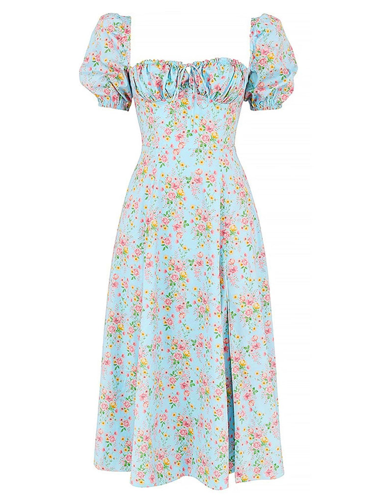1940s Ditsy Floral Square Neck Slit Dress