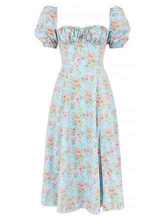 1940s Ditsy Floral Square Neck Slit Dress