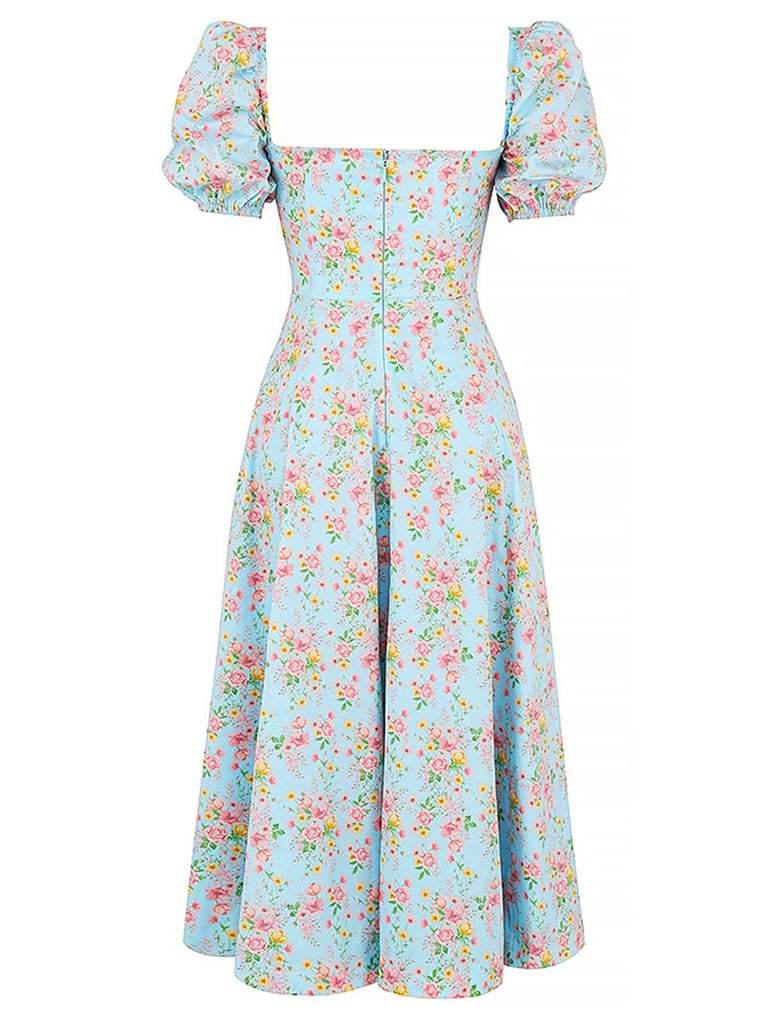 1940s Ditsy Floral Square Neck Slit Dress