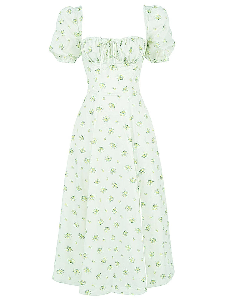1940s Ditsy Floral Square Neck Slit Dress