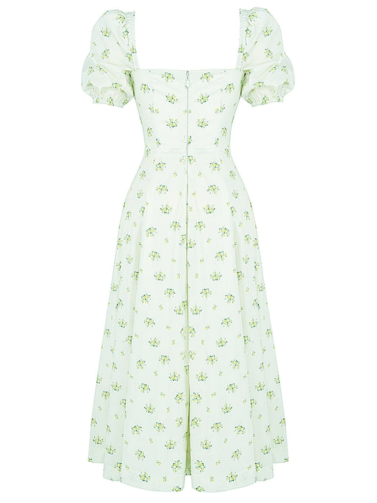 1940s Ditsy Floral Square Neck Slit Dress
