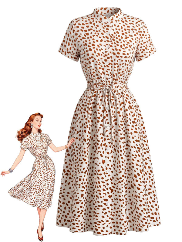 Women's Spot Tie Waist Midi Shirt Dress 100% Cotton