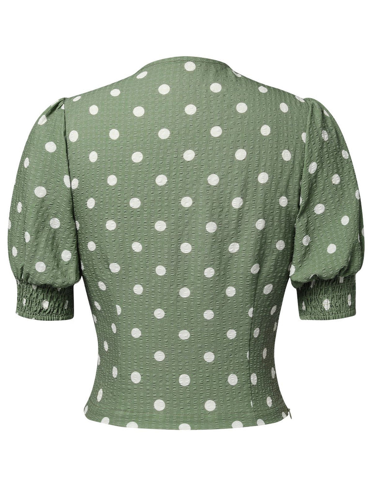 Beige 1940s Dots Bowknot V-Neck Blouse, vintage top, retro blouse - perfect for women who love vintage and retro fashion
