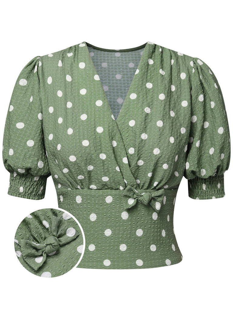 Beige 1940s Dots Bowknot V-Neck Blouse, vintage top, retro blouse - perfect for women who love vintage and retro fashion