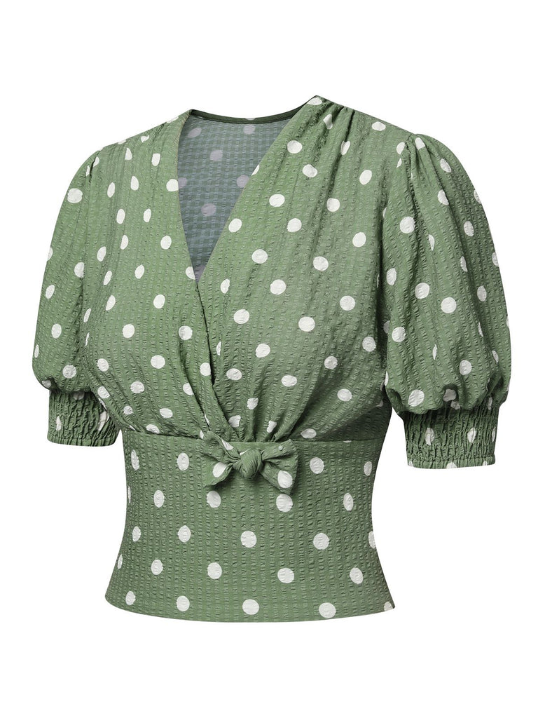 Beige 1940s Dots Bowknot V-Neck Blouse, vintage top, retro blouse - perfect for women who love vintage and retro fashion
