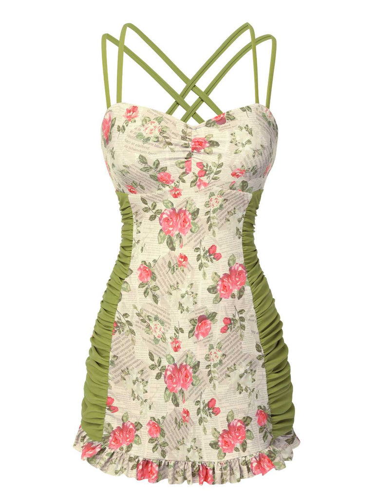 1940s Double Strap Pleated Roses One-Piece Swimsuit: 1940s Riviera elegance, reimagined for her