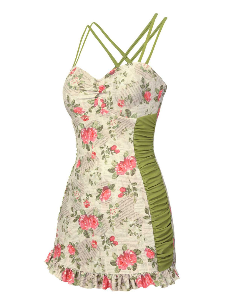 This 1940s Double Strap Pleated Roses One-Piece Swimsuit carries 1940s vacation dreams in every stitch