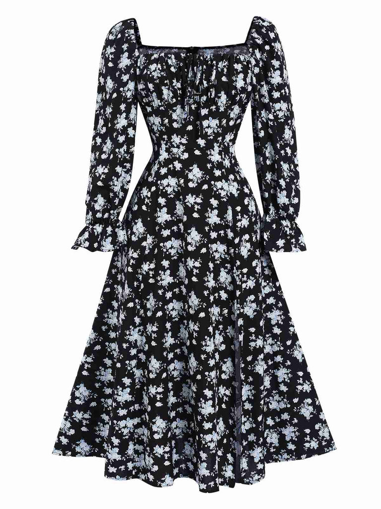 She slips into this 1940s Drawstring Slit Square Neck Floral Dress and suddenly it's a 1940s daydream