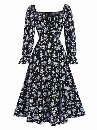 She slips into this 1940s Drawstring Slit Square Neck Floral Dress and suddenly it's a 1940s daydream