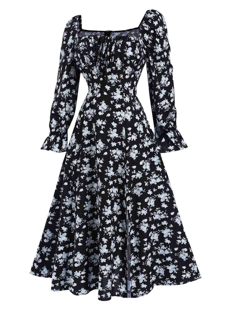 1940s Drawstring Slit Square Neck Floral Dress, vintage dress, retro fashion, floral print - perfect for women who love vintage and retro fashion