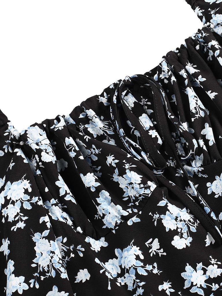 1940s Drawstring Slit Square Neck Floral Dress, vintage dress, retro fashion, floral print - perfect for women who love vintage and retro fashion