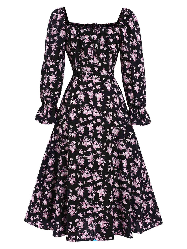 1940s Drawstring Slit Square Neck Floral Dress, vintage dress, retro fashion, floral print - perfect for women who love vintage and retro fashion