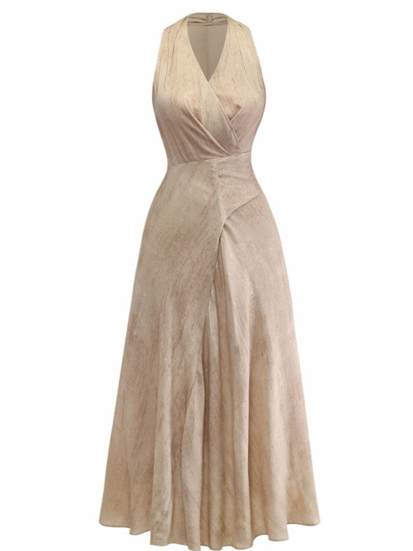 Apricot 1940s Linen V-Neck Sleeveless Belted Maxi Dress Apricot 1940s Linen V-Neck Sleeveless Belted Maxi Dress