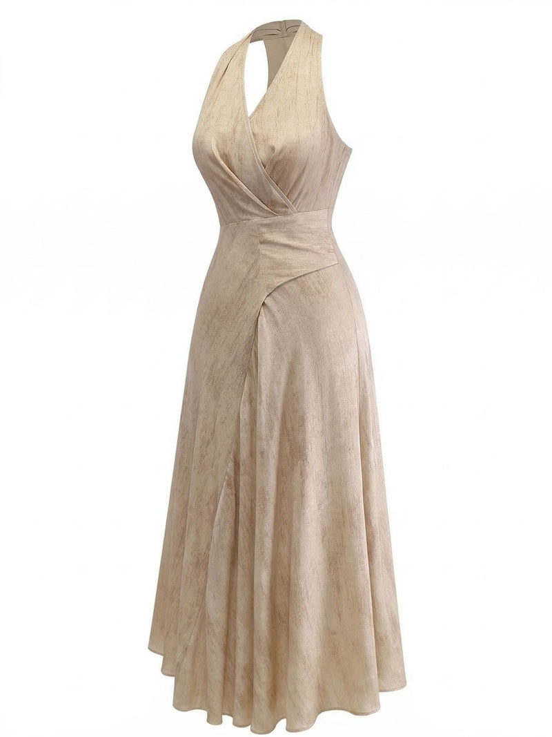 Apricot 1940s Linen V-Neck Sleeveless Belted Maxi Dress