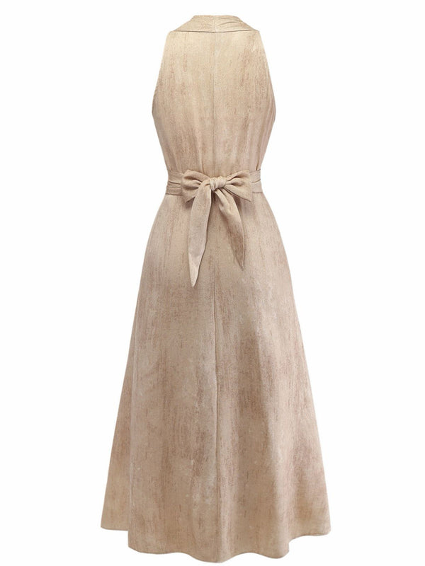 Apricot 1940s Linen V-Neck Sleeveless Belted Maxi Dress