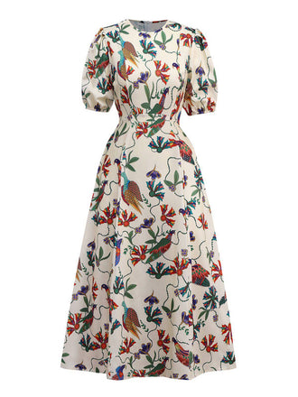 Beige 1940s Flowers & Birds Print Puff Sleeves Dress - vintage dress, retro fashion