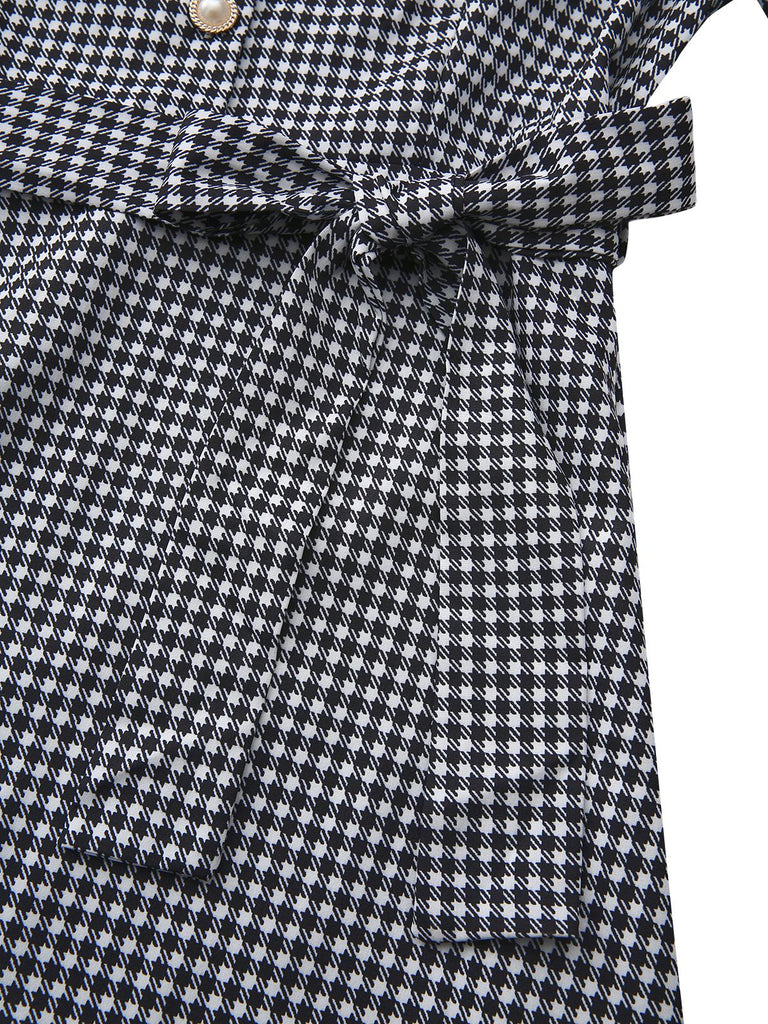 Black 1940s Houndstooth Puff-Sleeves Pearl Button Dress - vintage dress, retro fashion, classic black