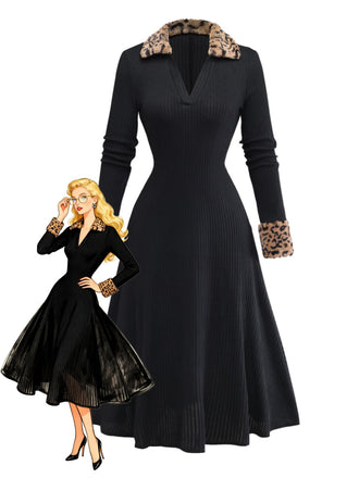 Black 1940s Leopard Faux Fur Trim Ribbed Knit Dress - vintage dress, retro fashion, classic black