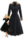 Black 1940s Leopard Faux Fur Trim Ribbed Knit Dress - vintage dress, retro fashion, classic black