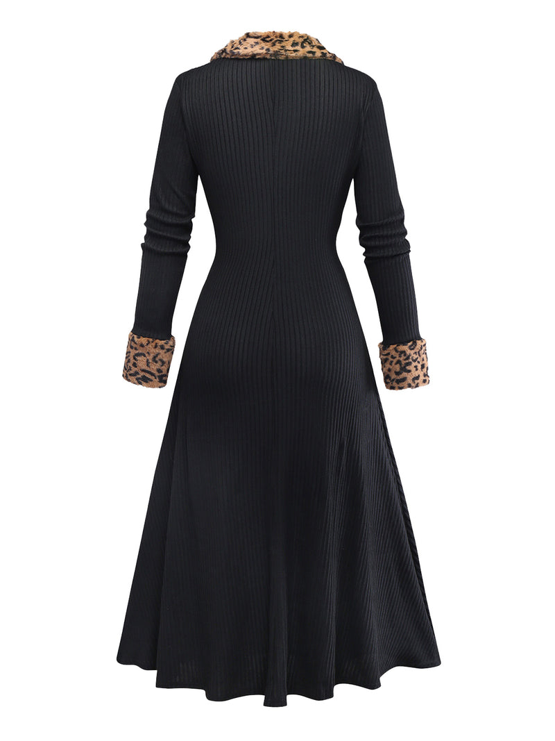 Women's Leopard Faux Fur Trim Ribbed Knitted Sweater Dress Black