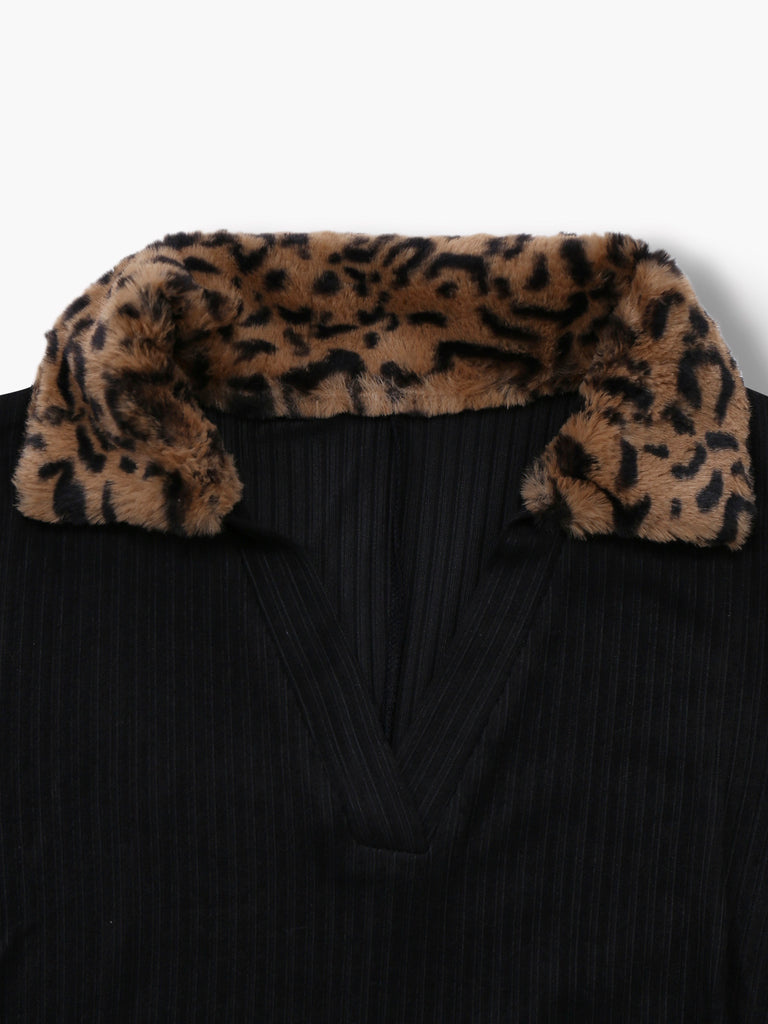 Black 1940s Leopard Faux Fur Trim Ribbed Knit Dress - vintage dress, retro fashion, classic black