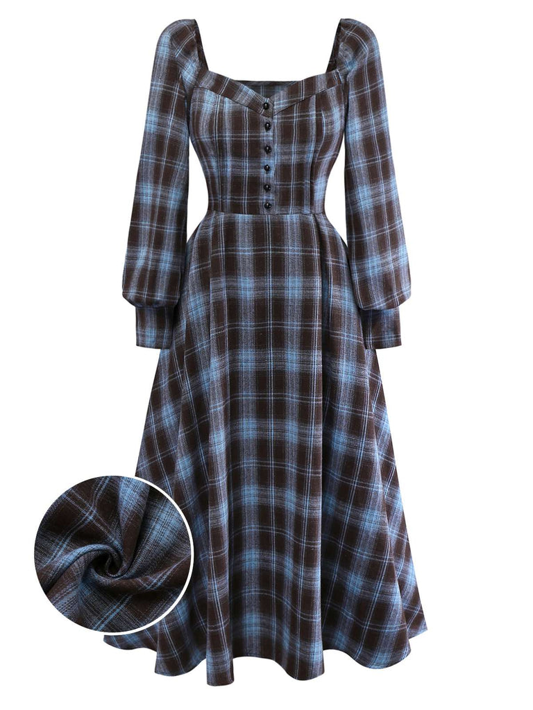 Blue Grey 1940s Plaid Sweetheart Neck Brushed Dress - vintage dress, retro fashion