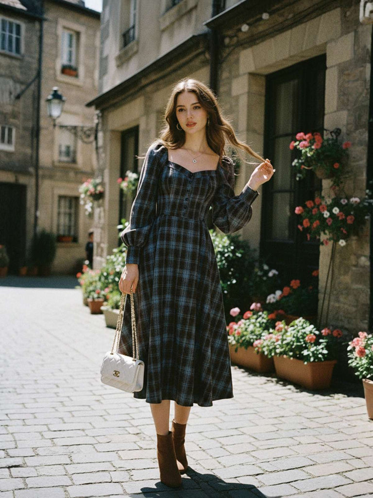 Blue Grey 1940s Plaid Sweetheart Neck Brushed Dress - vintage dress, retro fashion