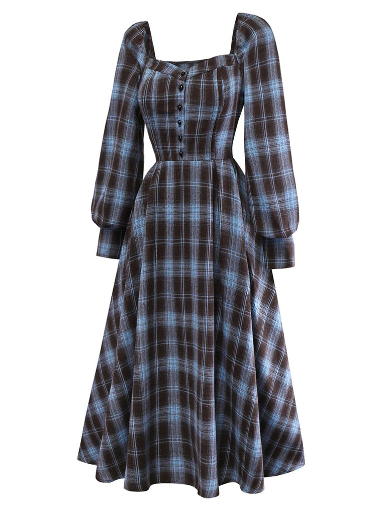 Blue Grey 1940s Plaid Sweetheart Neck Brushed Dress - vintage dress, retro fashion